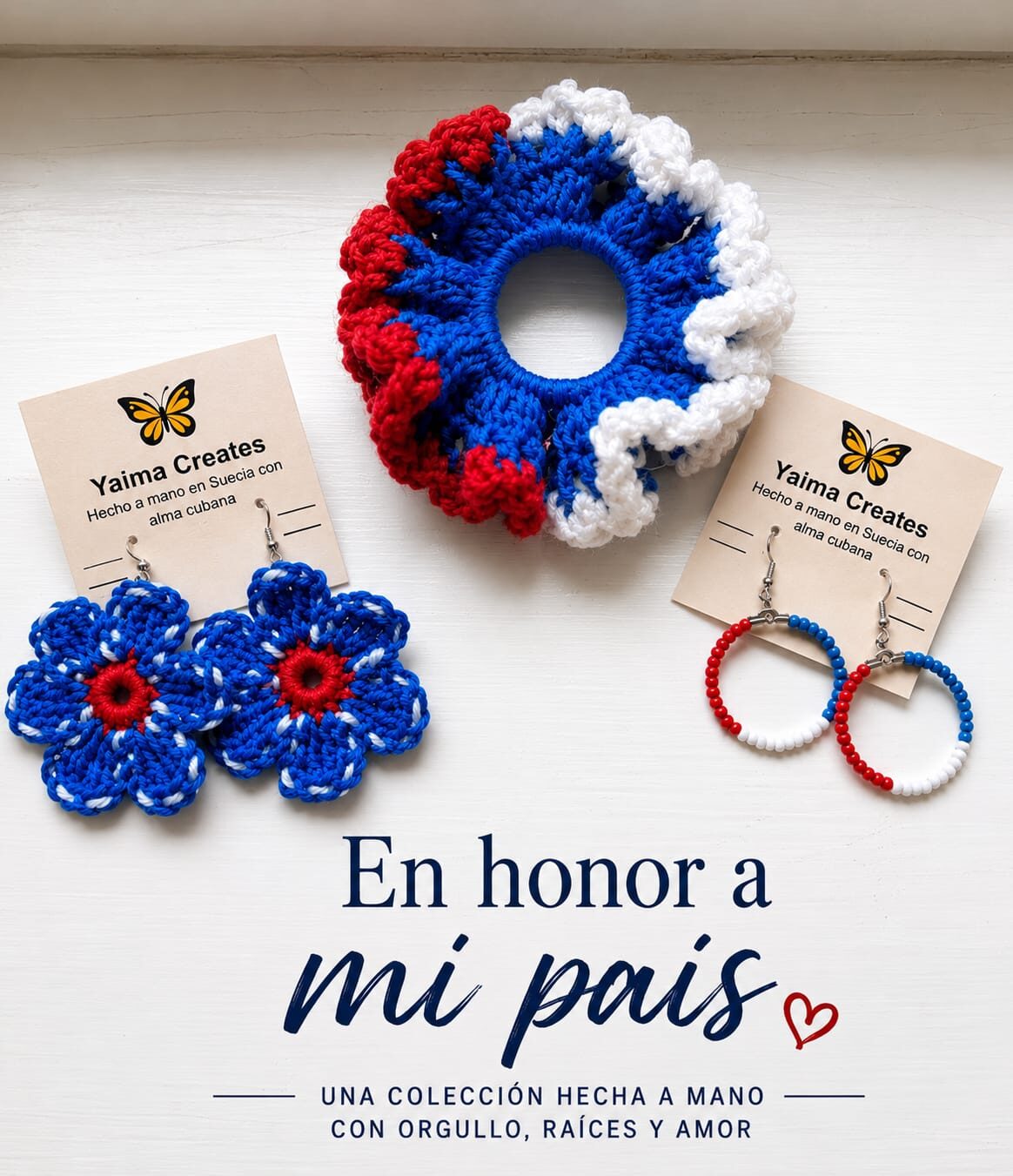 Kollektionen En honor a mi país: scrunchie, blomörhängen och ringörhängen i rött, vitt och blått